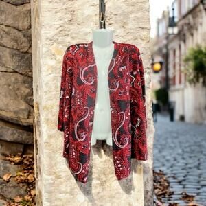 Kasper Women's Red/Black Paisley Open Front Draped Cardigan | Size Medium